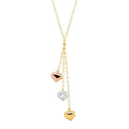 Three-Tone Heart Lariat Necklace with Cubic Zirconia