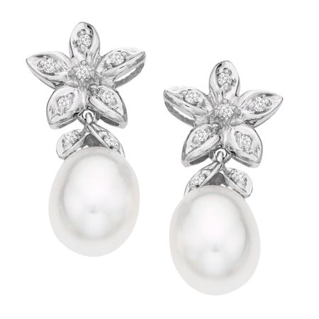 Pearl & 1/10 ct Diamond Drop Earrings