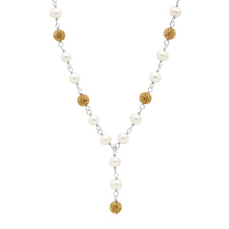 7 mm Pearl Station Lariat Necklace with Swarovski Crystals