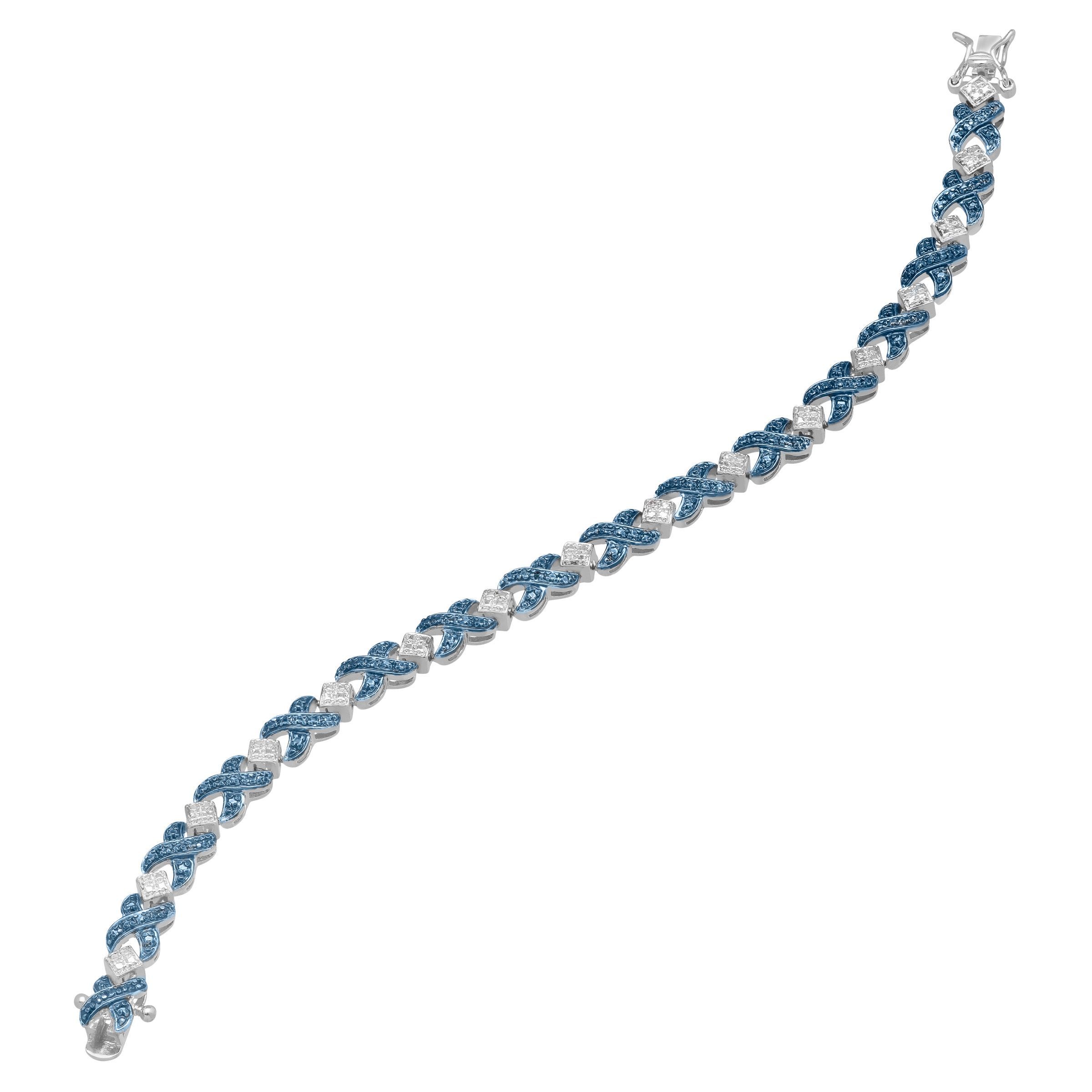 XOXO Tennis Bracelet with Blue Diamond in Sterling Silver-Plated Brass, 7 1/4"