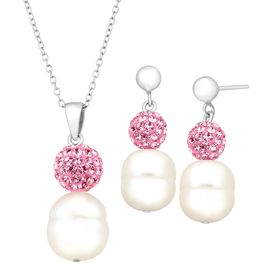 Crystaluxe Jewelry Pearl Pendant Earring Set With Pink Swarovski Crystals