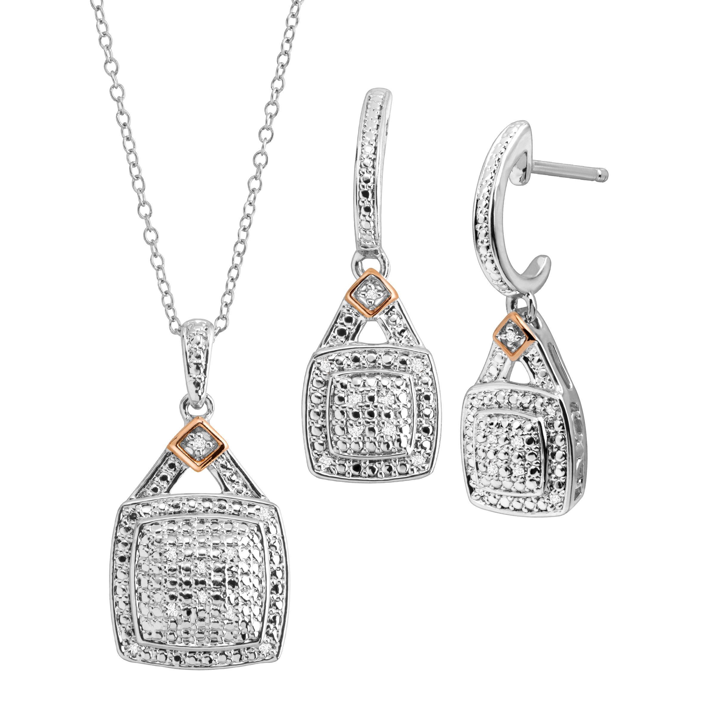 1/5 ct Diamond Pendant, Bangle, Ring, & Earrings Set, Sterling Silver