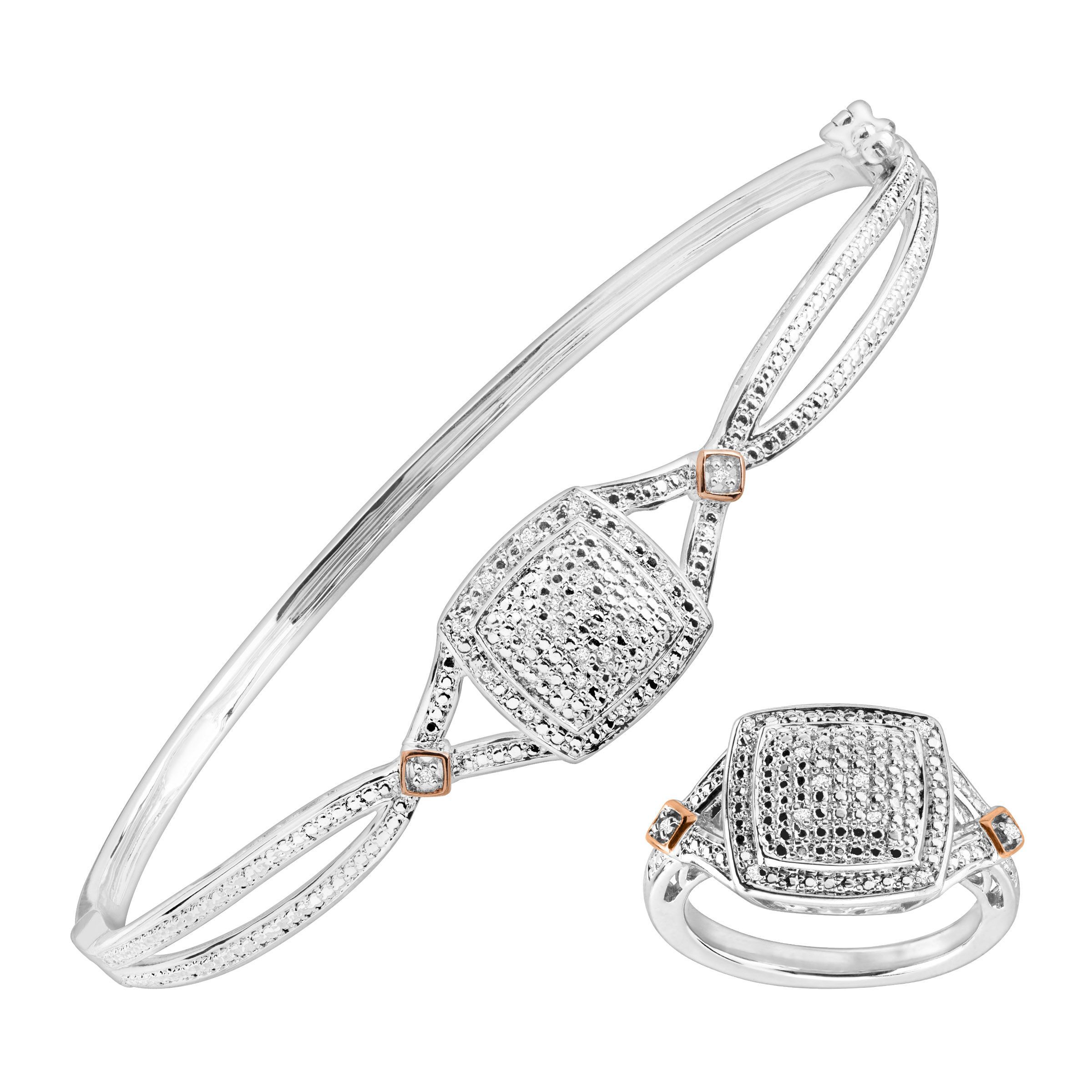 1/5 ct Diamond Pendant, Bangle, Ring, & Earrings Set, Sterling Silver