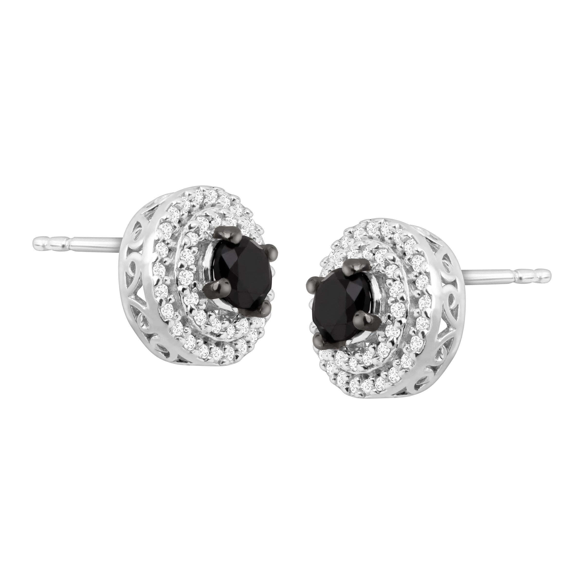 1 Ct Black White Diamond Halo Stud Earrings In Sterling Silver 1 Ct Black White Diamond Halo Stud Earrings In Sterling Silver