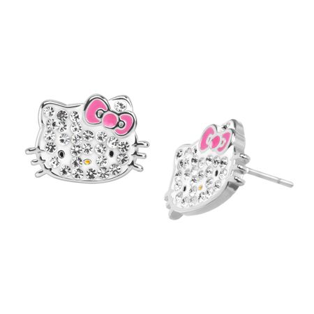 Hello Kitty Stud Earrings With Crystals In Sterling Silver Plated Hello Kitty Stud Earrings With Crystals