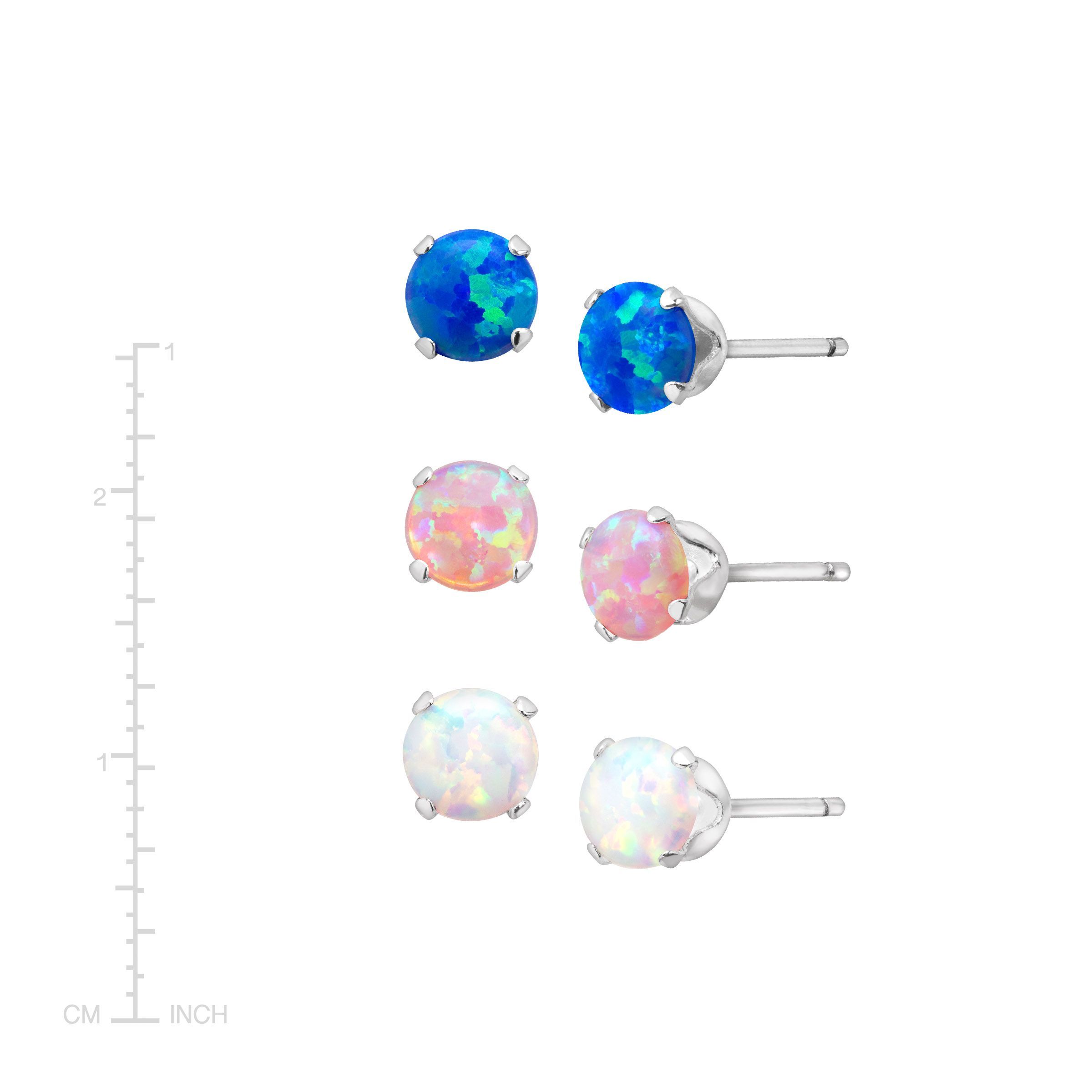 3 4 Ct Tri Color Created Opal Stud Earrings Set Rhodium Plated 3 4 Ct Tri Color Created Opal Stud Earrings Set Rhodium Plated Sterling Silver