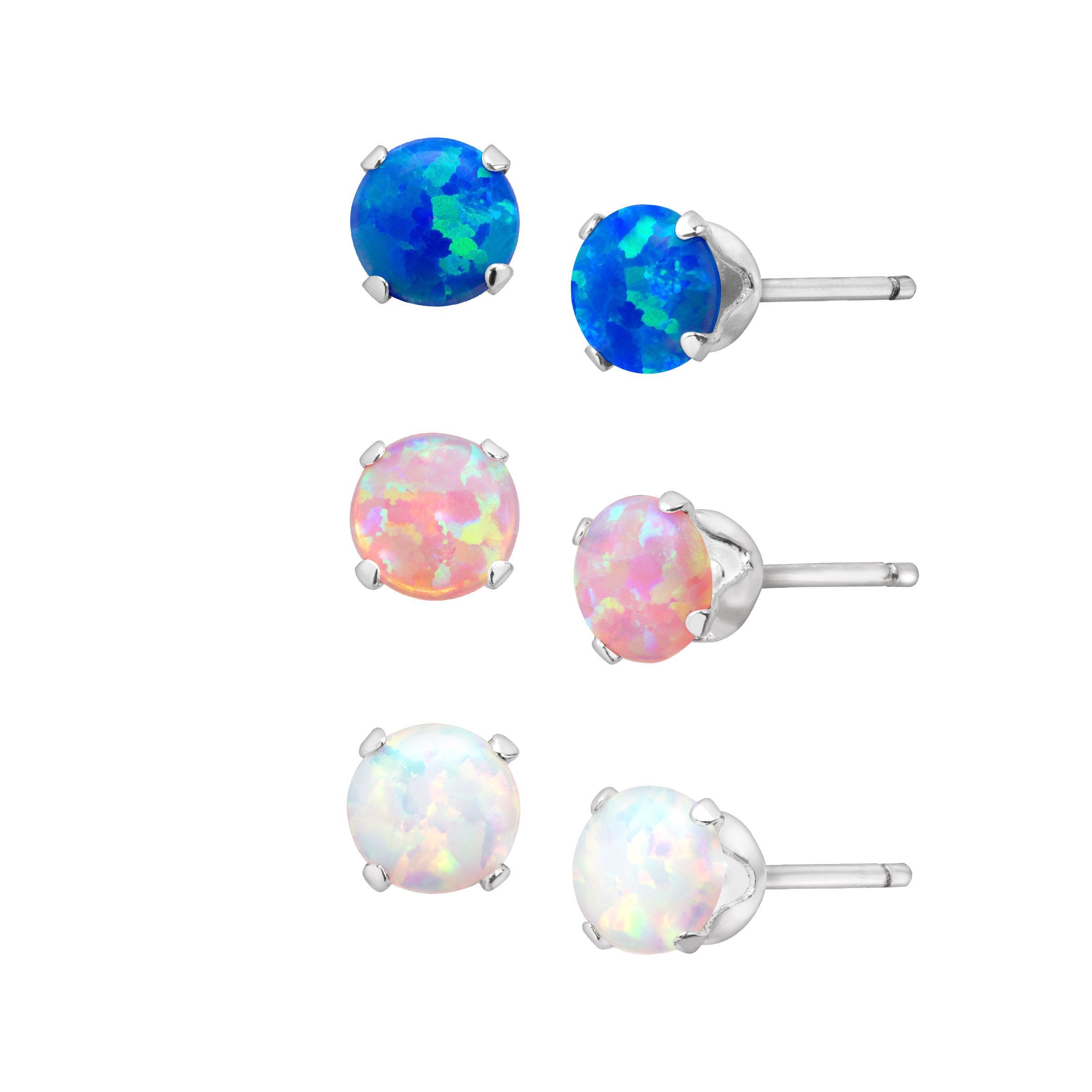 3 4 Ct Tri Color Created Opal Stud Earrings Set Rhodium Plated 3 4 Ct Tri Color Created Opal Stud Earrings Set Rhodium Plated Sterling Silver