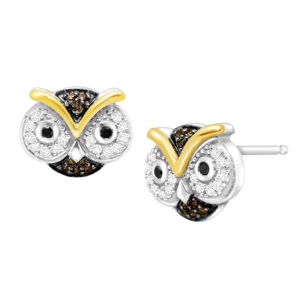 1 5 Ct Black White Champagne Diamond Owl Earrings In 1 5 Ct Black White Champagne Diamond Owl Earrings
