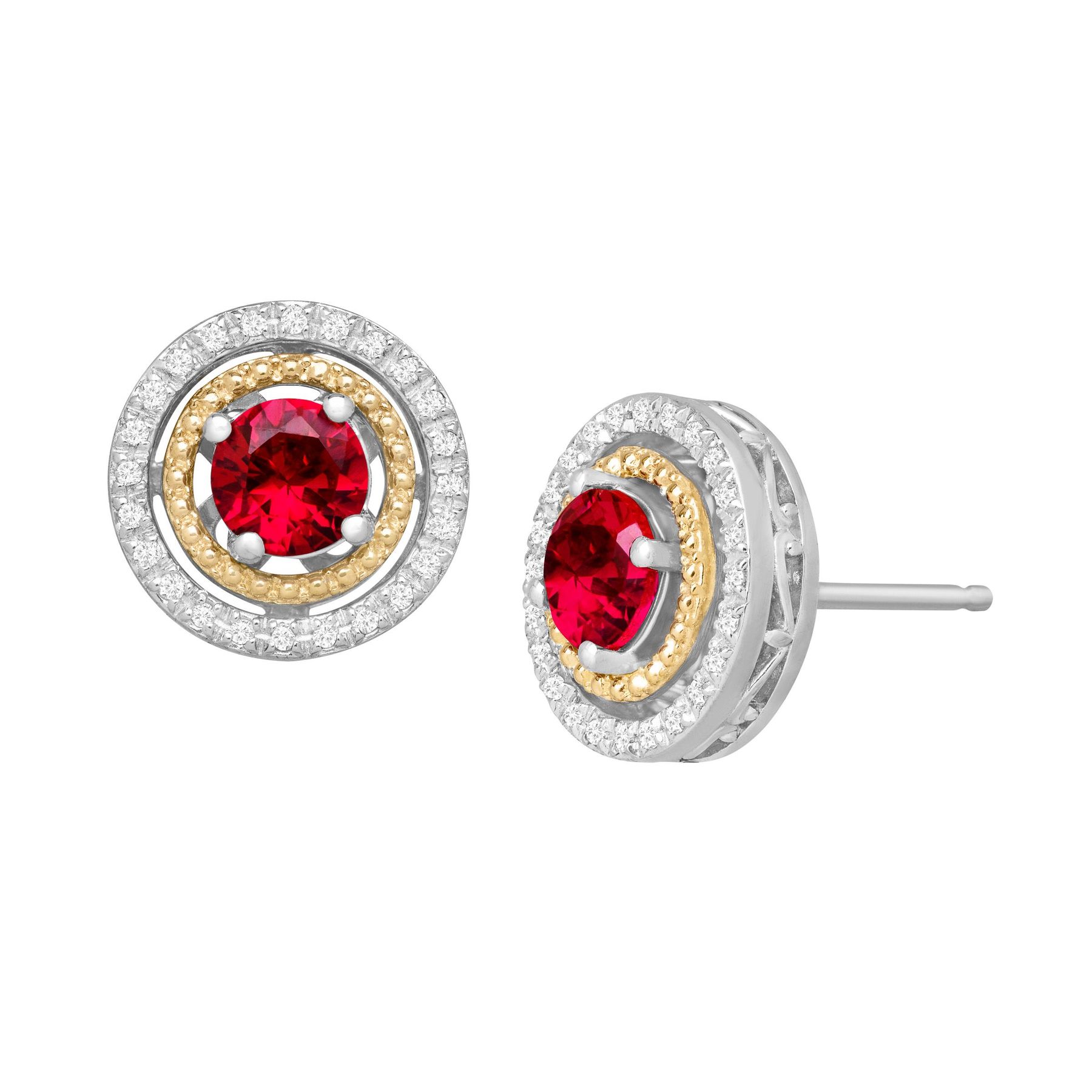 1 3 Ct Created Ruby 8 Diamond Stud Earrings In Sterling 1 3 Ct Created Ruby 8 Diamond Stud Earrings