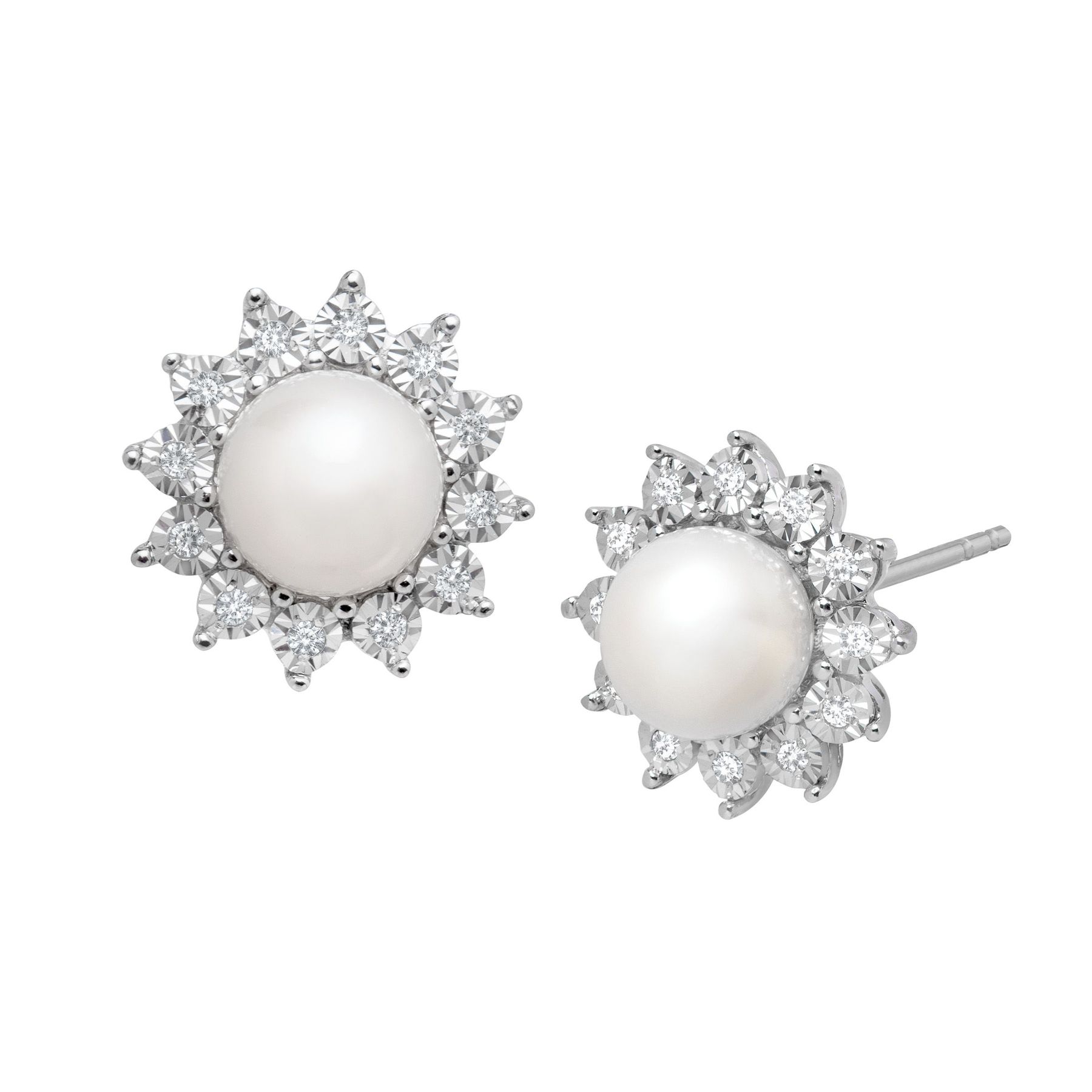 Freshwater Pearl And 1 8 Ct Diamond Stud Earrings In 14k White Gold Pearl 1 8 Ct Diamond Stud Earrings