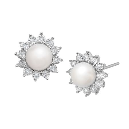 Freshwater Pearl And 1 8 Ct Diamond Stud Earrings In 14k White Gold Pearl 1 8 Ct Diamond Stud Earrings