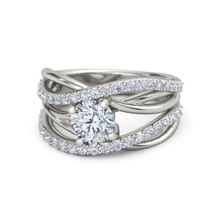 Round Diamond 14k White Gold Ring With Wrap Solitaire Pave Wrap Solitaire Pave Ring