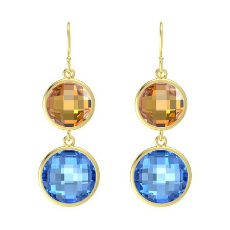 14k Yellow Gold Earring With Citrine And Blue Topaz Bold Double Bold Double Drop Round Earrings