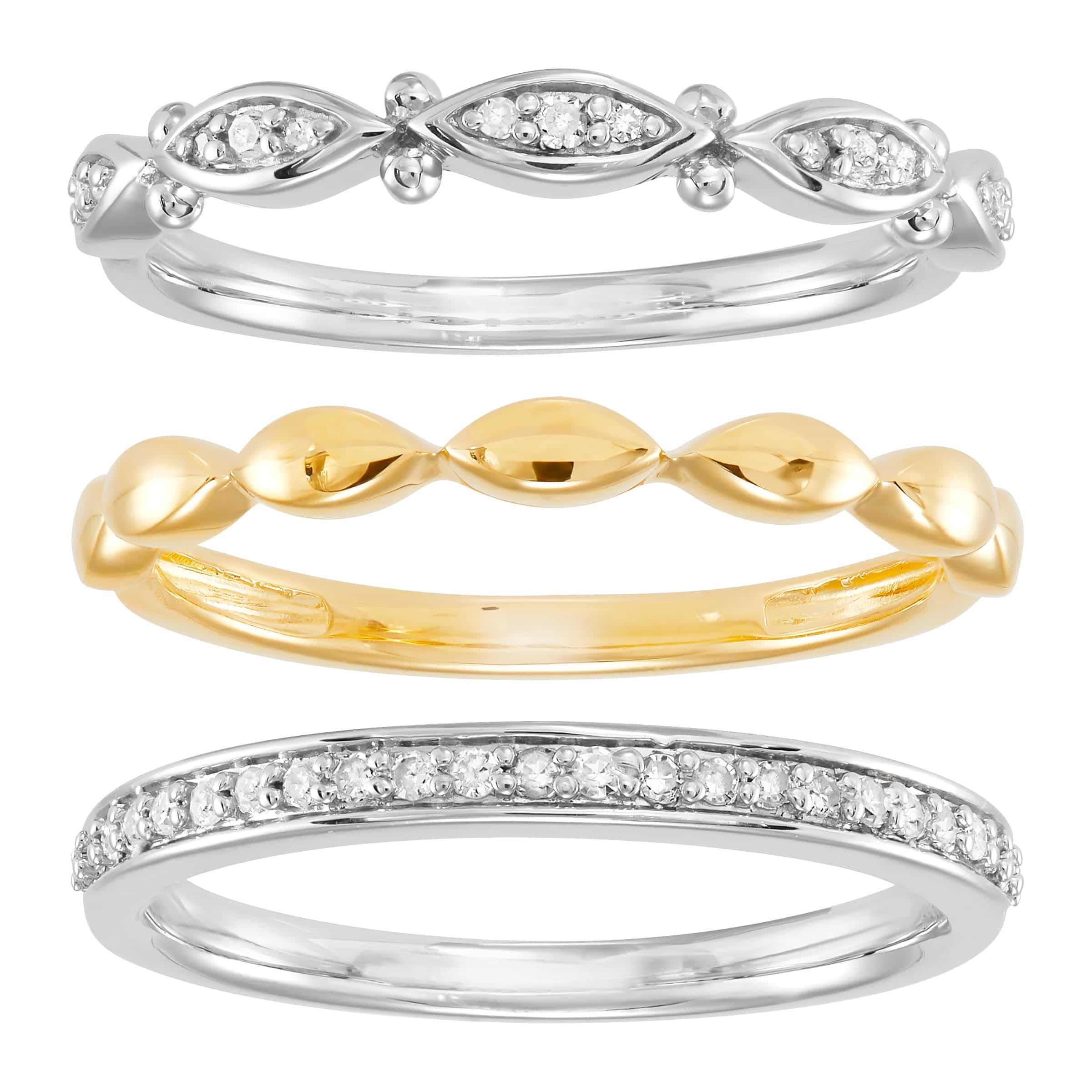 WELRY Pre-owned 1/5 Cttw Diamond Stacking Rings In Sterling Silver And 14k Yellow Gold, In White