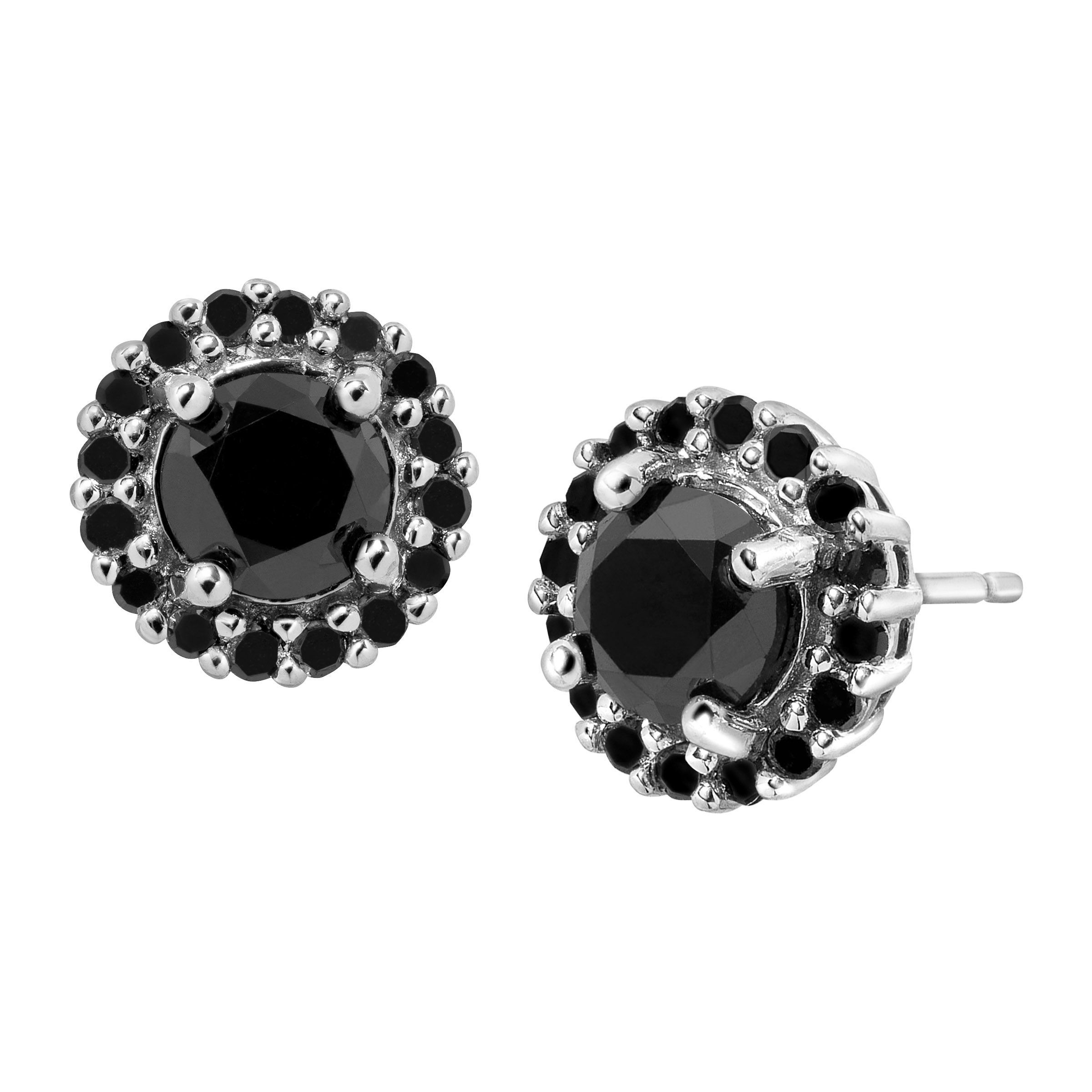 2 Ct Black Diamond Halo Stud Earrings In Sterling Silver 2 Ct Black Diamond Halo Stud Earrings In Sterling Silver