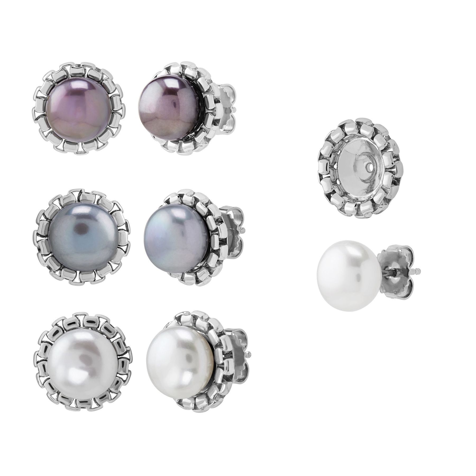 Honora Set Of 3 9 10 Mm Black Grey White Freshwater Pearl Stud 9 10 Mm Black Grey White Pearl Convertible Stud Earrings Set Of 3
