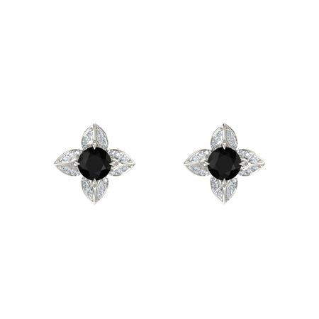 Round Black Onyx 14k White Gold Earrings With Diamond Lotus Stud Lotus Stud Earrings 5mm Gems