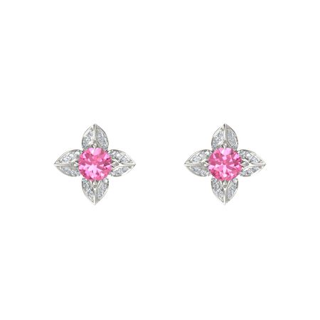Round Pink Tourmaline 14k White Gold Earring With Diamond Lotus Lotus Stud Earrings 5mm Gems