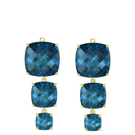 Checkerboard Cushion Pavilion London Blue Topaz 14k Yellow Gold Pure Cushion Triple Earrings