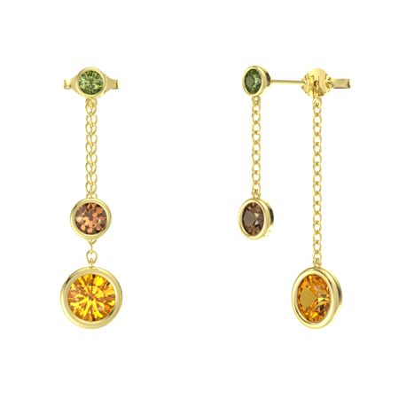 Round Smoky Quartz 14k Yellow Gold Earring With Citrine And Green Gemstones By The Yard Front Back Drop Earrings