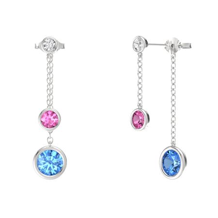 Round Pink Shire Sterling Silver Earring With Blue Topaz And Gemstones By The Yard Front Back Drop Earrings