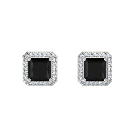 Princess Halo Earrings Black Onyx 14k White Gold Earring With Diamond Princess Halo Earrings Black Onyx 14k White Gold Earring With Diamond