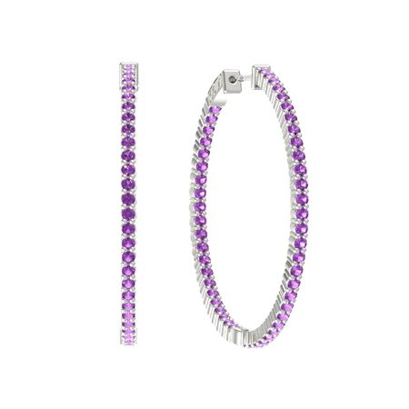 14k White Gold Earrings With Amethyst Inside Out Large Hoop Inside Out Large Hoop Earrings 2mm Gems