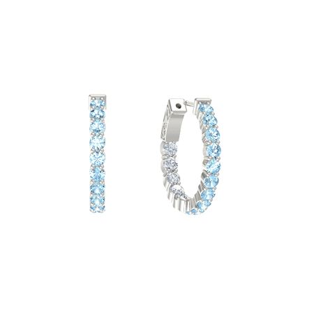14k White Gold Earring With Aquamarine And Diamond Inside Out Inside Out Small Hoop Earrings 3mm Gems