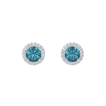Round London Blue Topaz Platinum Earring With Diamond Cut Round Cut Halo Earrings 7mm Gems