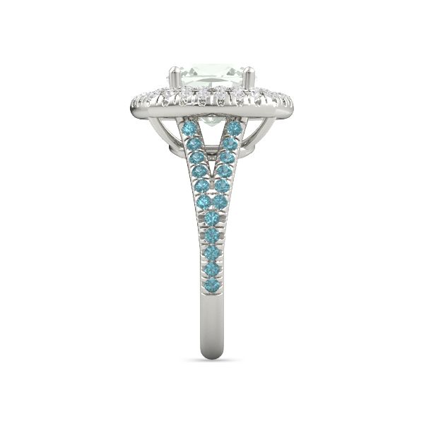 Cushion Green Quartz 14K White Gold Ring with White Sapphire and London