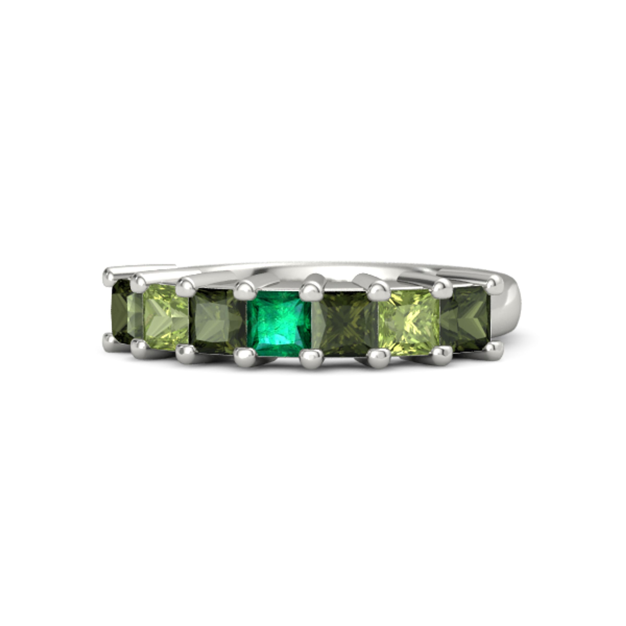 Princess Emerald 14K White Gold Ring with Green Tourmaline and Peridot |  Seven-Stone Artisan Band | Gemvara