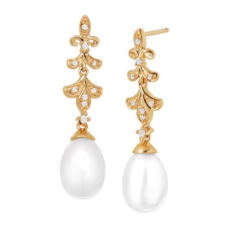 Fleur De Lis Freshwater Pearl Drop Earrings With Diamonds In 10k Fleur De Lis Pearl Drop Earrings With Diamonds