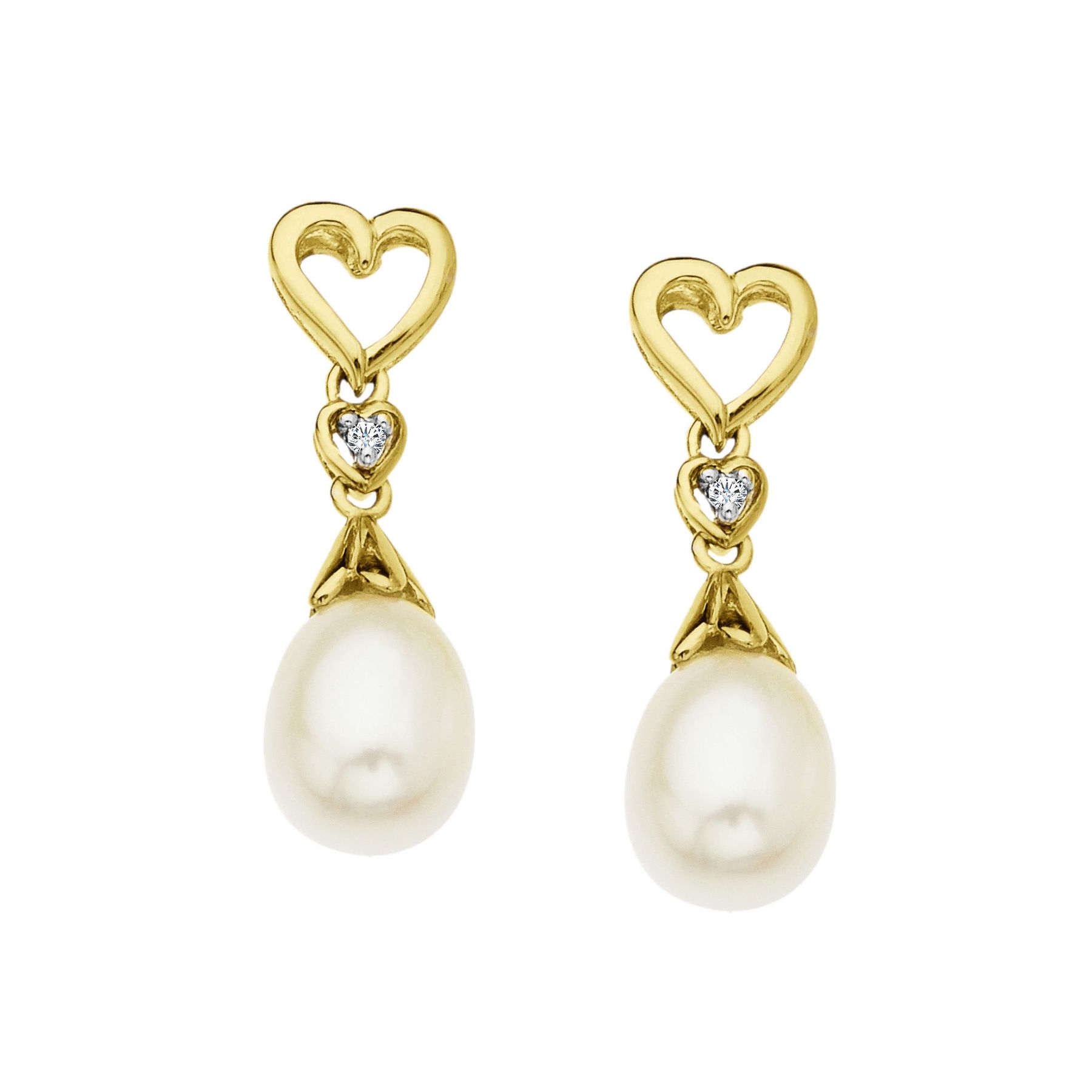 Freshwater Pearl Heart Drop Earrings With Diamonds In 10k Gold Pearl Heart Drop Earrings