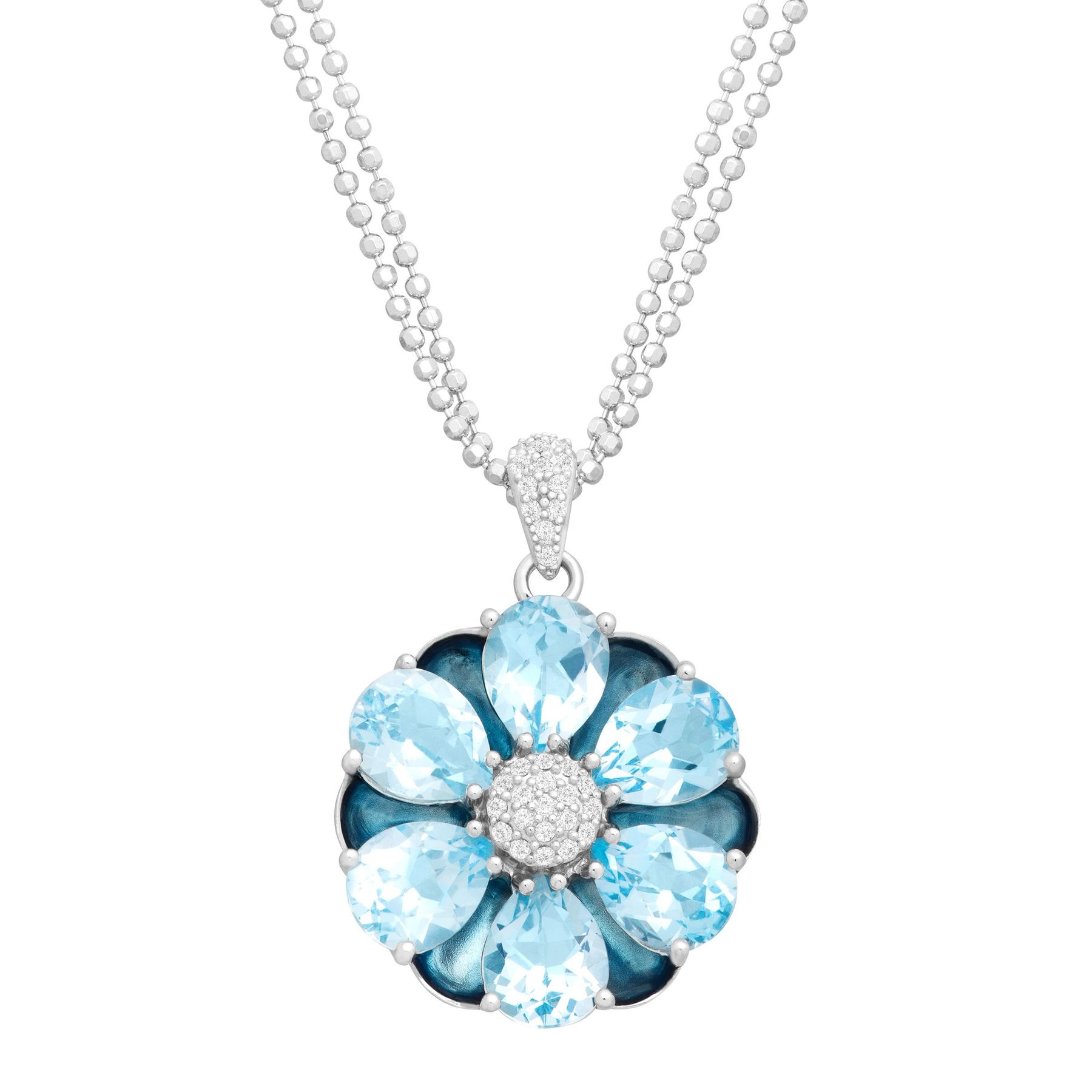 13 Ct Natural Swiss Blue Topaz Flower Medallion Pendant Necklace In 13 Ct Swiss Blue Topaz Flower Medallion Pendant