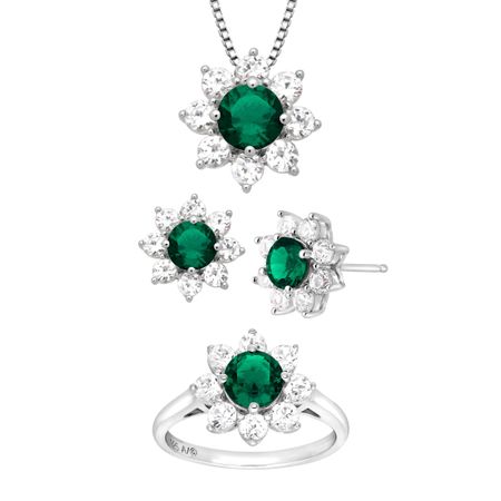 1 7//8 ct Created Emerald /& White Sapphire Flower Pendant in Sterling Silver