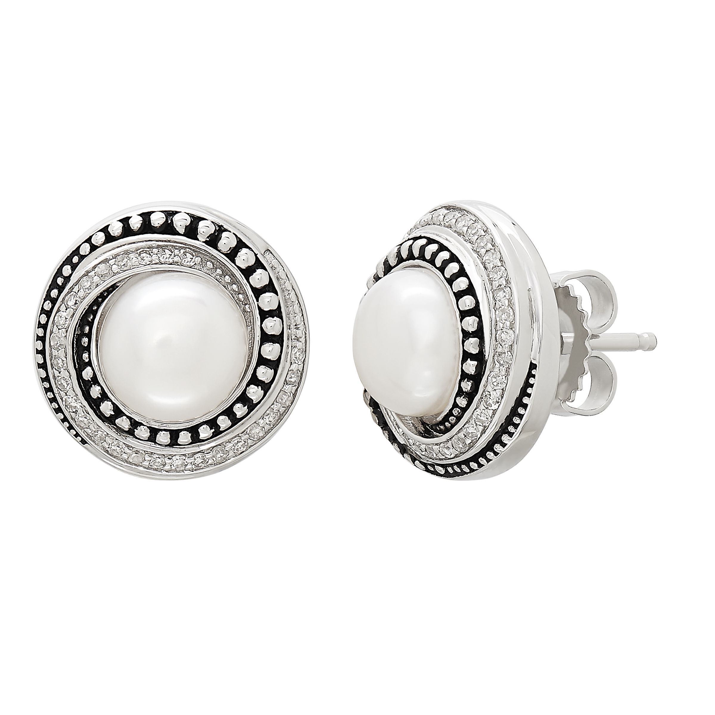 Silpada Swirl Stud' 7.5-8 Mm Freshwater Pearl & 1/5 Ct Diamond Swirl Stud Earrings In Sterling Silver & Enam In Gray