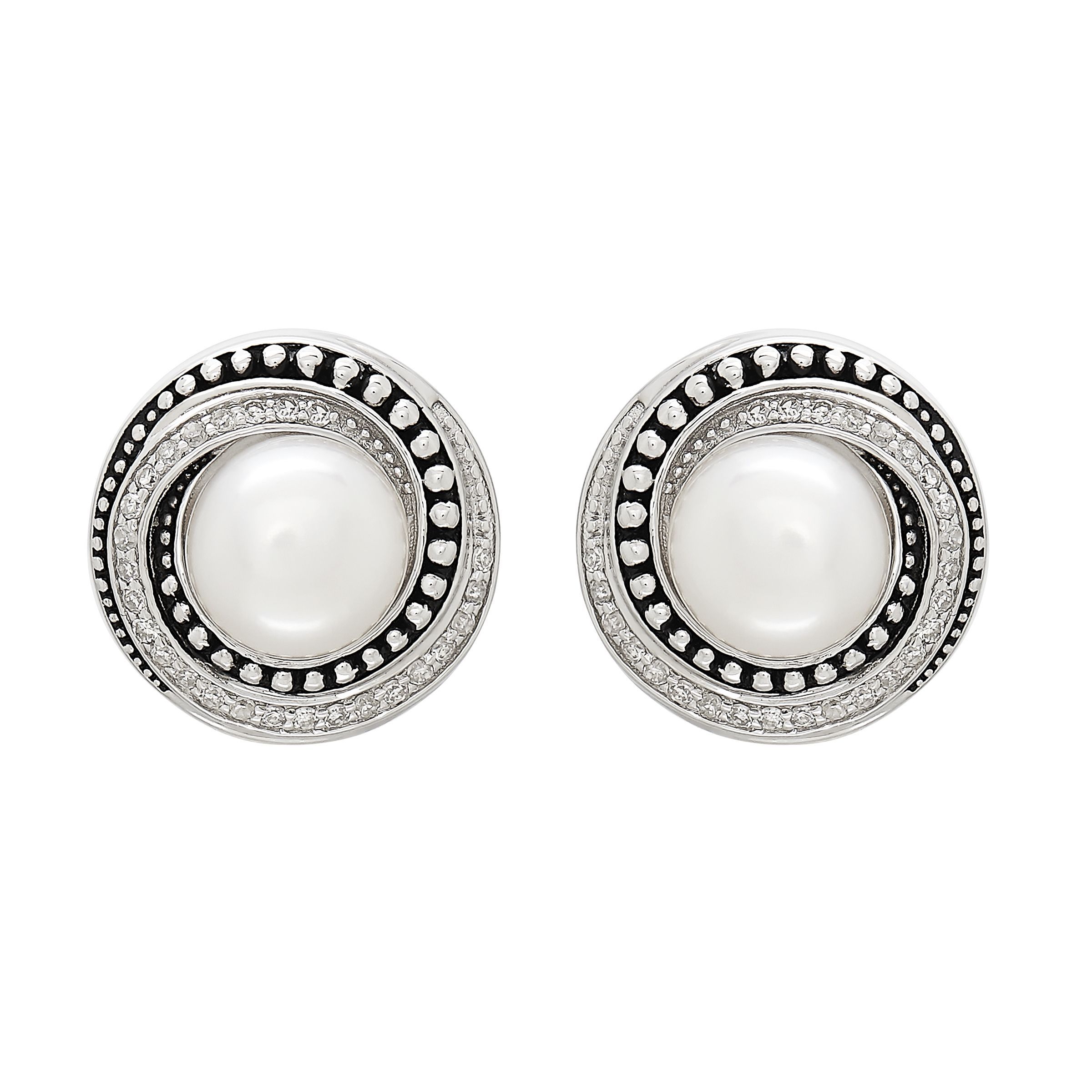Silpada Swirl Stud' 7.5-8 Mm Freshwater Pearl & 1/5 Ct Diamond Swirl Stud Earrings In Sterling Silver & Enam In Gray