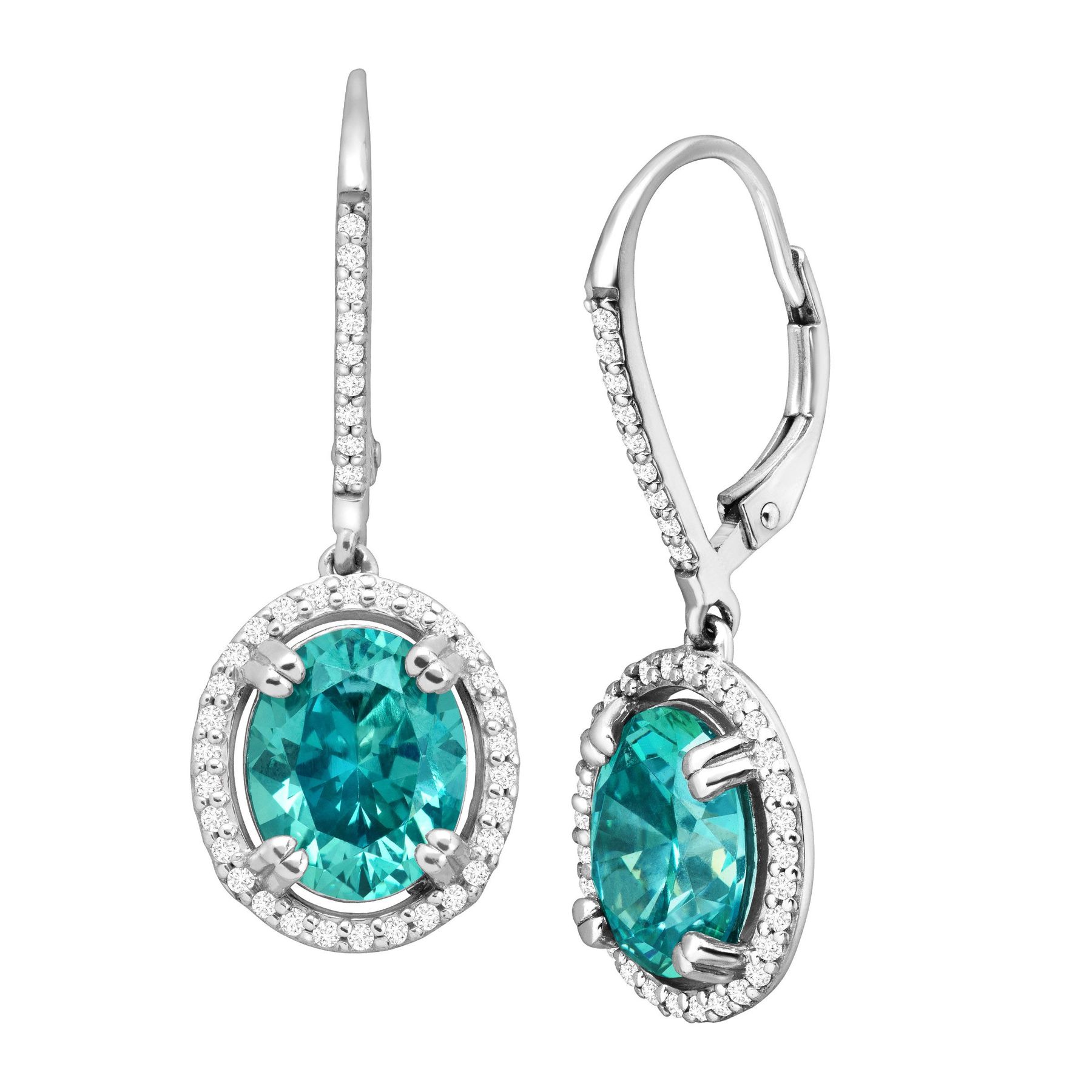 Oval Drop Earrings With Teal Swarovski Zirconia In Sterling Silver Oval Drop Earrings With Teal Swarovski Zirconia