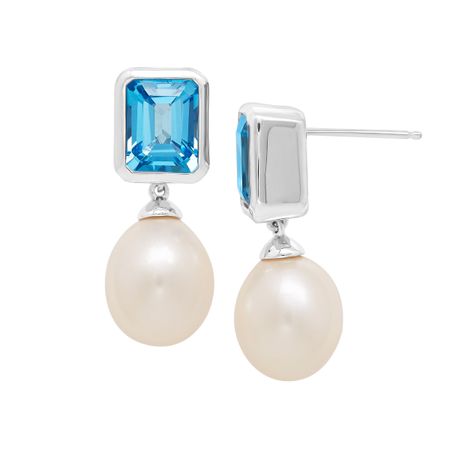 5 8 Ct Natural Swiss Blue Topaz Freshwater Pearl Drop Earrings 5 8 Ct Swiss Blue Topaz Pearl Drop Earrings