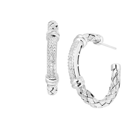 Basket Weave Open Hoop Earrings With Diamonds In Sterling Silver Basket Weave Open Hoop Earrings With Diamonds