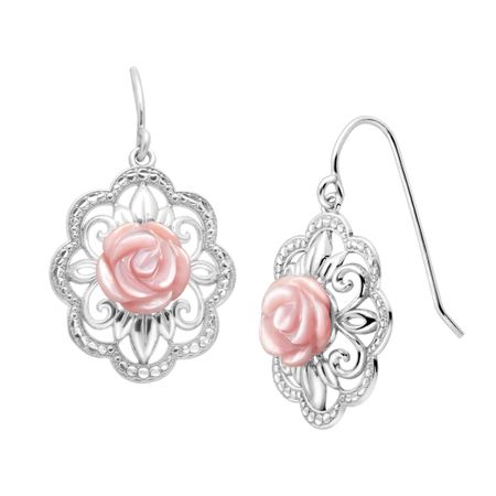 Pink Mother Of Pearl Filigree Rose Drop Earrings In Sterling Silver Pink Mother Of Pearl Filigree Rose Drop Earrings