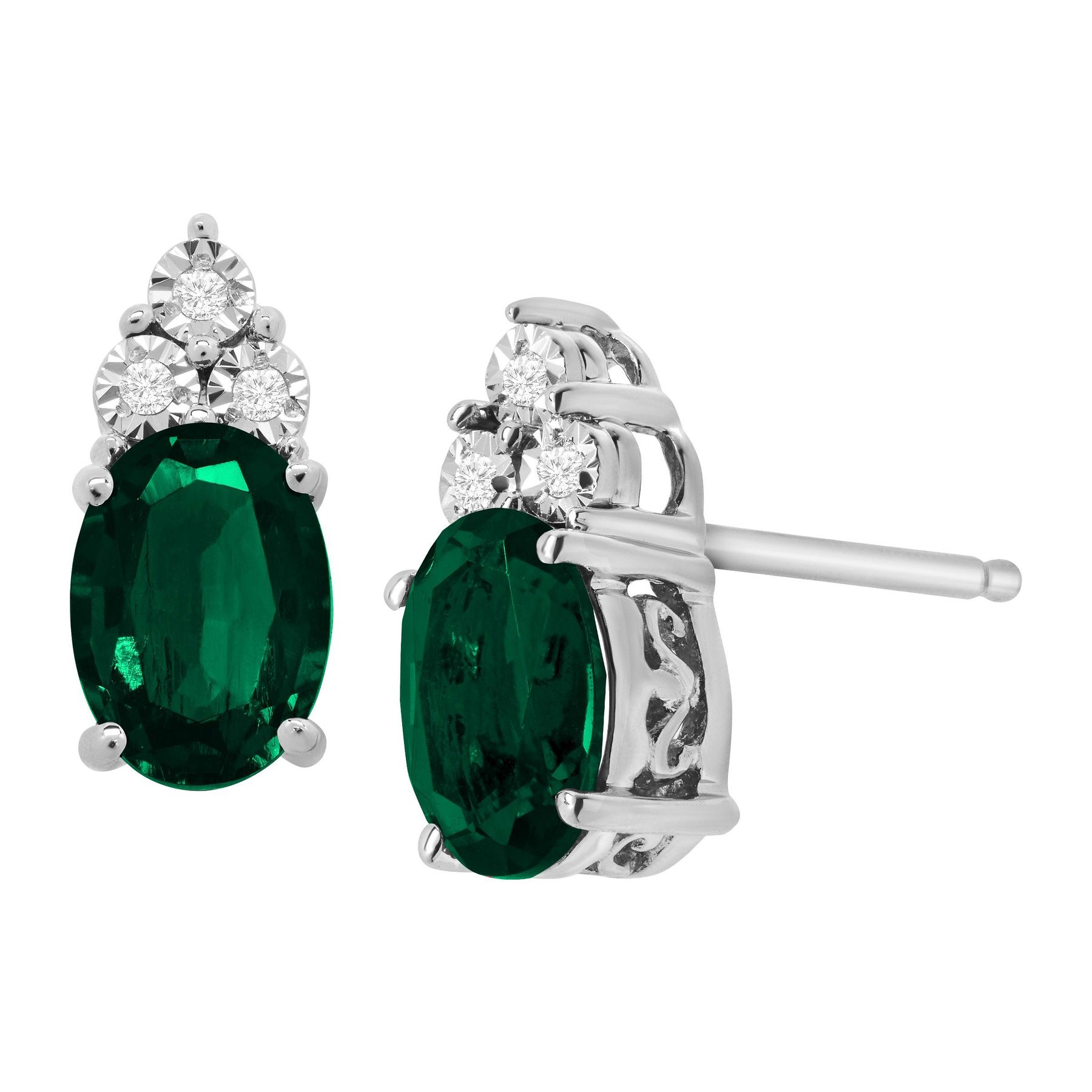 1 2 Ct Created Emerald Stud Earrings With Diamonds In Sterling 1 2 Ct Emerald Stud Earrings With Diamonds