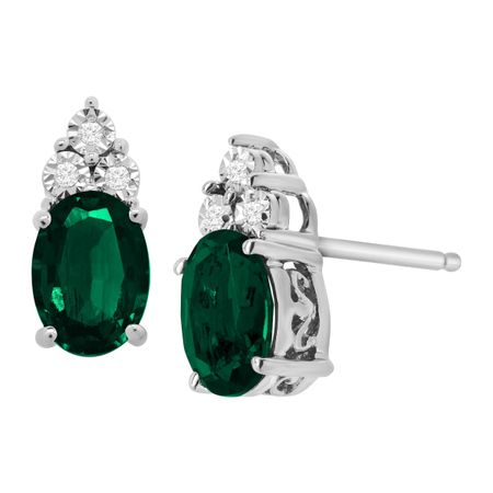 1 2 Ct Created Emerald Stud Earrings With Diamonds In Sterling 1 2 Ct Emerald Stud Earrings With Diamonds